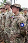 U.S. Army Sgt. 1st Class Gabrielle Hamelly, a graduate of the Jungle Operations Training Course-Panama, stands in formation during a graduation ceremony at Aeronaval Base Cristóbal Colón, Panama, July 3.