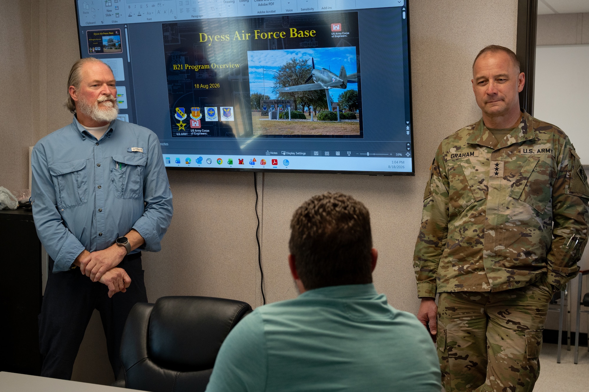 U.S. Army Lt. Gen. William H. “Butch” Graham Jr., 56th Chief of Engineers and U.S. Army Corps of Engineers commanding general, receives an infrastructure and construction brief at Dyess Air Force Base, Texas, Aug. 18, 2026. The briefing focused on installation modernization plans, facility sustainment and engineering requirements supporting the B-21 Raider beddown at Dyess. (U.S. Air Force photo by Airman 1st Class William Neal)