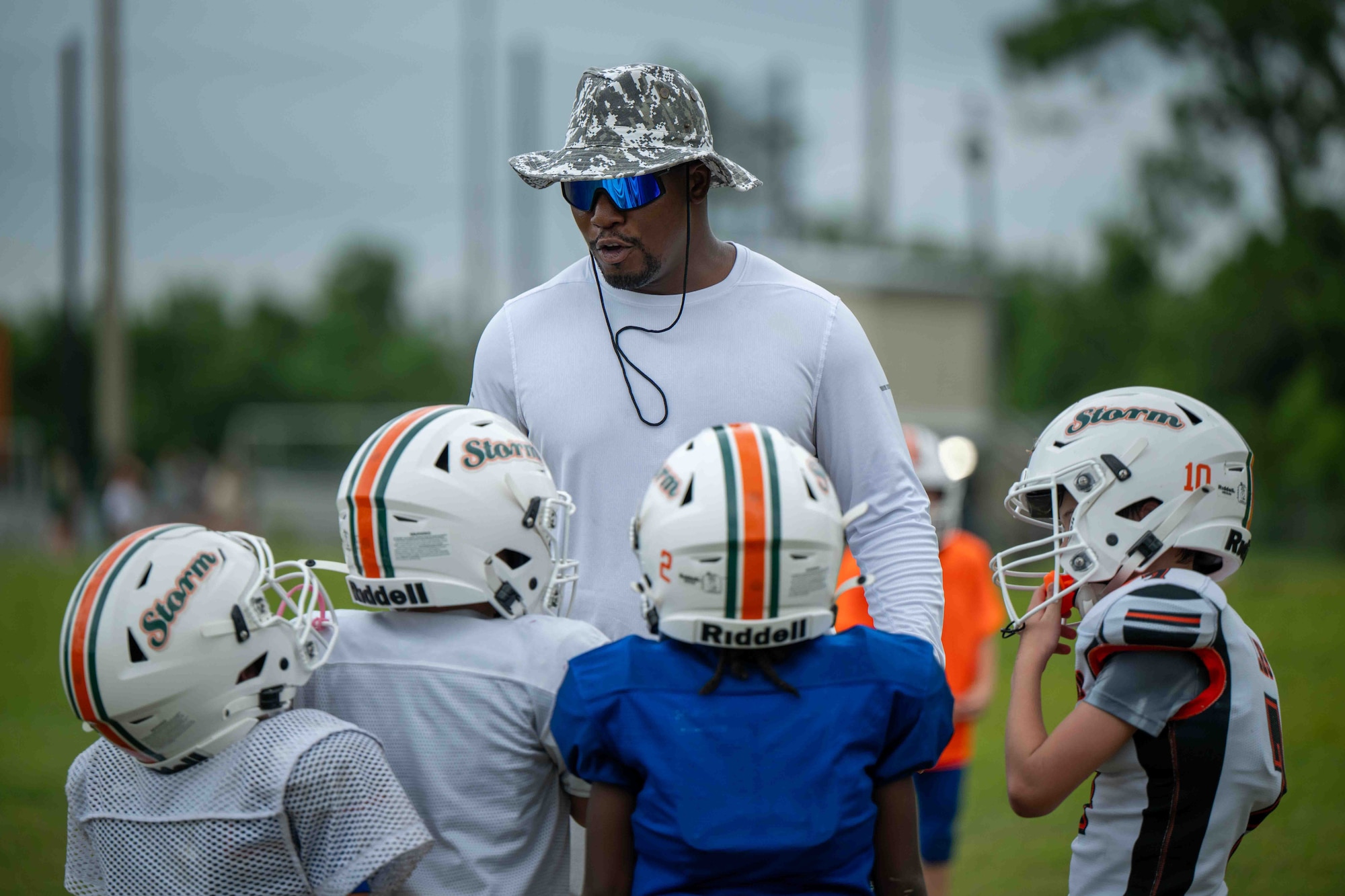U.S. Air Force Senior Airman Vicen’te Thompkins, 337th Air Control Squadron weapons simulation technician, coaches a youth football team in Panama City, Florida, July 31, 2026.