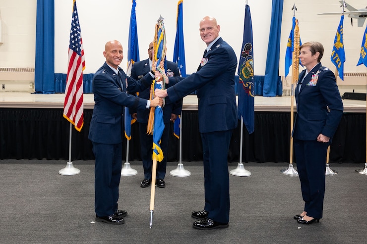 U.S. Air Force Colonel Kristian Post, assumes command of the 111th Attack Wing, November 8 2025 at Biddle Air National Guard Base, Pa. The assumption of command marked the next chapter for the 111th Attack Wing. (U.S. Air National Guard Photo by SrA Matthew Bergh) .