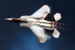An F-22 Raptor assigned to the F-22 Raptor Demonstration Team flies past pyrotechnic smoke during the Arctic Thunder Open House at Joint Base Elmendorf-Richardson, Alaska, Aug. 8, 2026. The F-22 is the Air Force’s premier fifth-generation fighter, combining stealth, supercruise and advanced sensor capabilities. (U.S. Air Force photo by Airman 1st Class Theodore Gowdy)