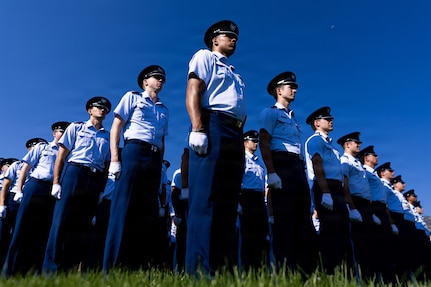 Basic cadets from the U.S. Air Force Academy Class of 2030 stand in formation during the Acceptance Day Parade at Stillman Field in Colorado Springs, Colo., Aug. 5, 2026. The parade marks the conclusion of Basic Cadet Training and formally welcomes the Class of 2030 into the Cadet Wing as fourth-class cadets after six weeks of mental, physical and military training. (U.S. Air Force photo by Ray Bahner)