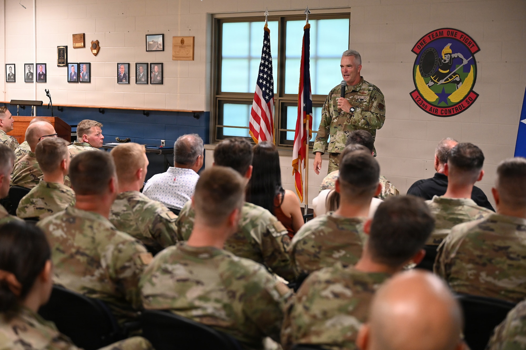 U.S. Air Force Brig. Gen. Darren Hamilton, Ohio National Guard chief of staff, speaks to the airmen of the 123rd Air Control Squadron during a Bronze Star Medal presentation ceremony Aug. 1, 2026 at Blue Ash Air National Guard Station. The Bronze Star Medal recognizes individuals who, while serving in a combat theater, distinguish themselves by heroic achievement or heroic service. (U.S. Air National Guard photo by Shane Hughes)