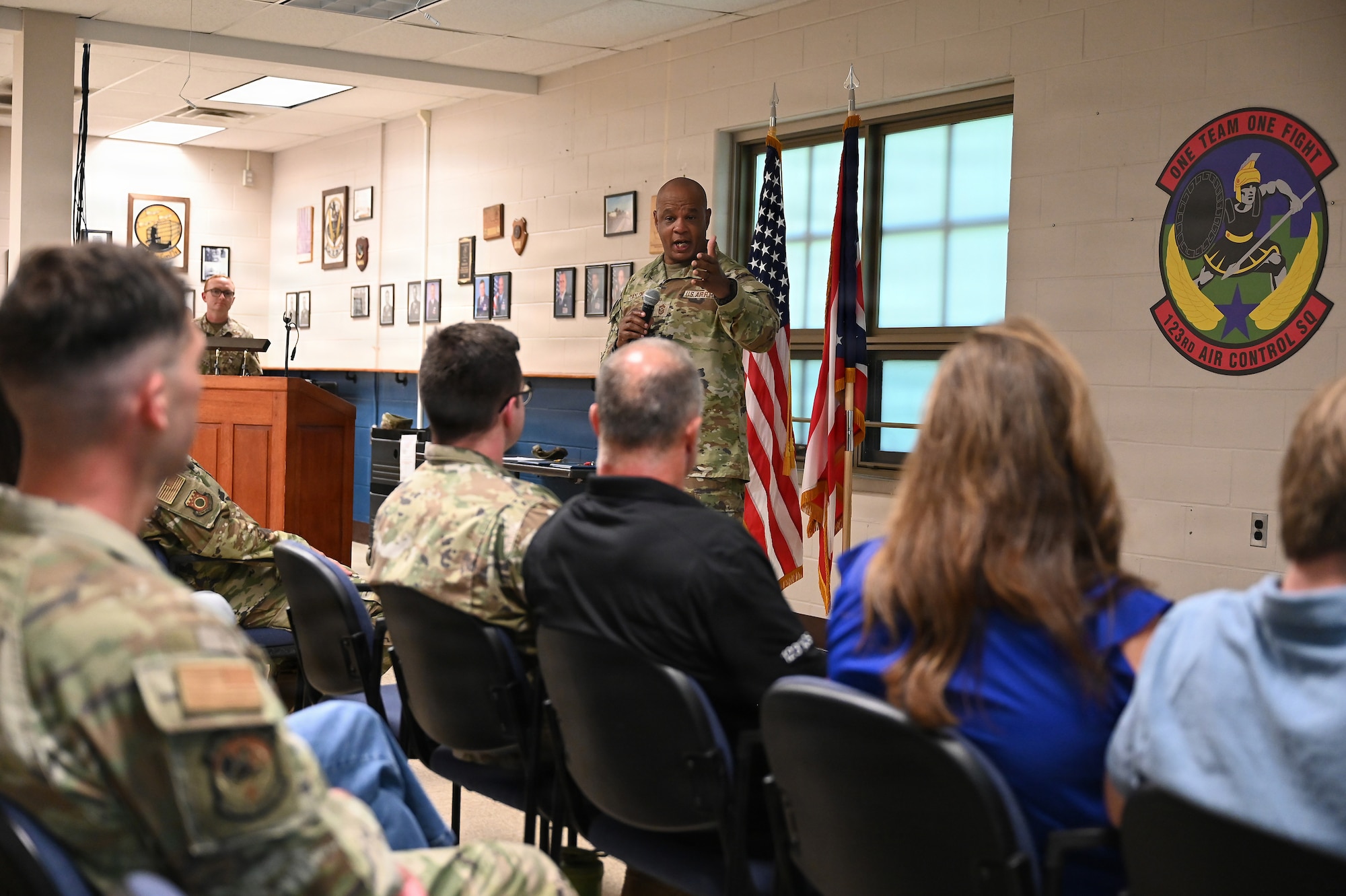 U.S. Air Force Command Chief Master Sgt. Edward Taylor III, Ohio National Guard state command chief, speaks to the airmen of the 123rd Air Control Squadron during a Bronze Star Medal presentation ceremony Aug. 1, 2026 at Blue Ash Air National Guard Station. The Bronze Star Medal recognizes individuals who, while serving in a combat theater, distinguish themselves by heroic achievement or heroic service. (U.S. Air National Guard photo by Shane Hughes)