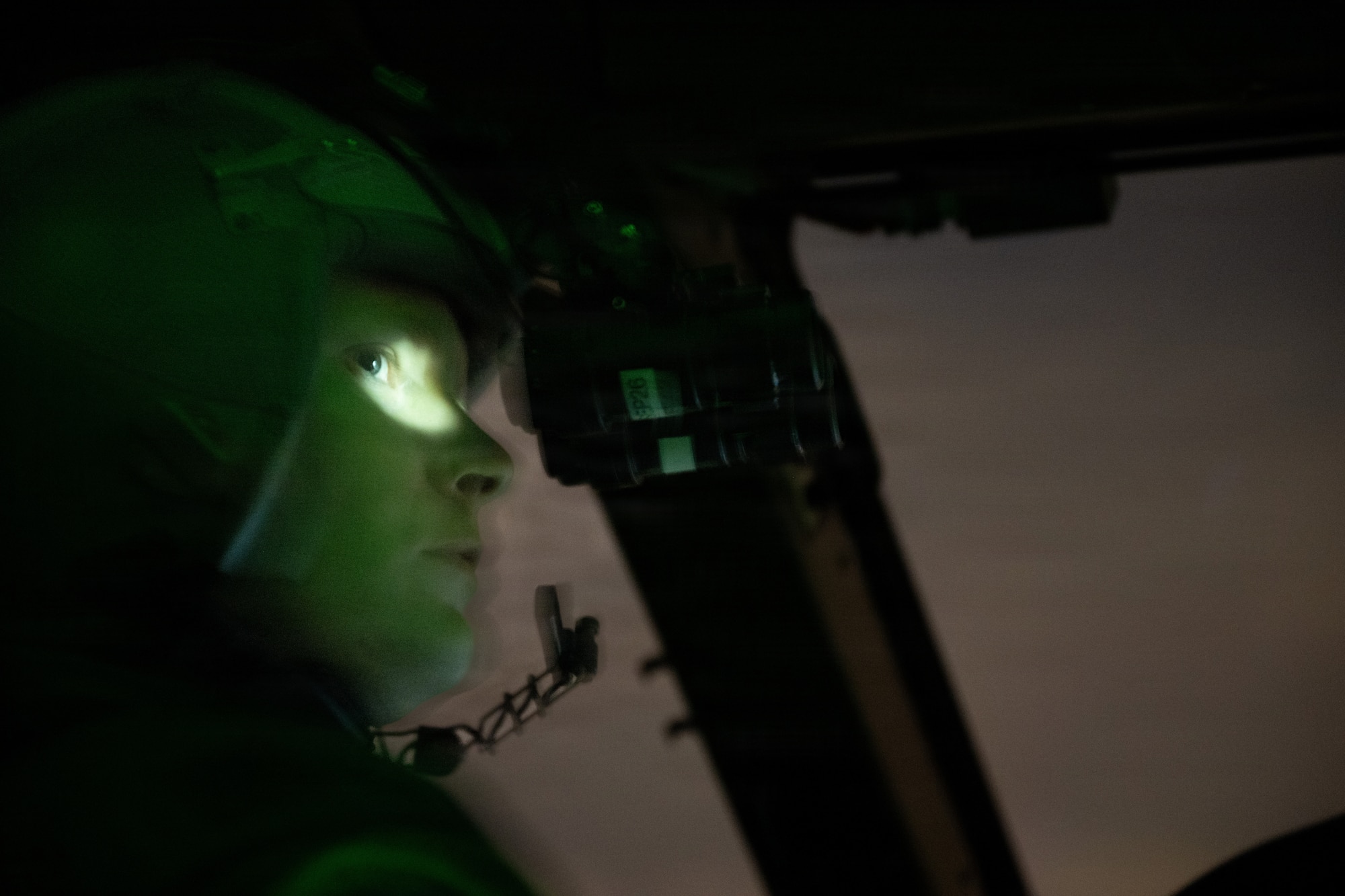 U.S. Air Force Maj. Cameron Sperry, 2nd Air Refueling Squadron pilot, uses night vision
goggles during a KC-46A Pegasus aircraft flight across the United States, July 29, 2026.