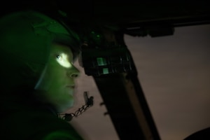U.S. Air Force Maj. Cameron Sperry, 2nd Air Refueling Squadron pilot, uses night vision
goggles during a KC-46A Pegasus aircraft flight across the United States, July 29, 2026.