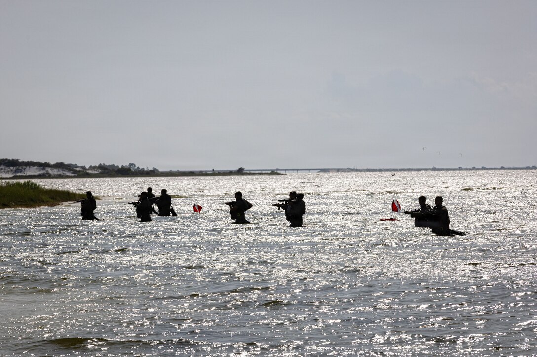 Soldiers shown in silhouette walk in waist-high water near a shoreline, some pointing weapons.