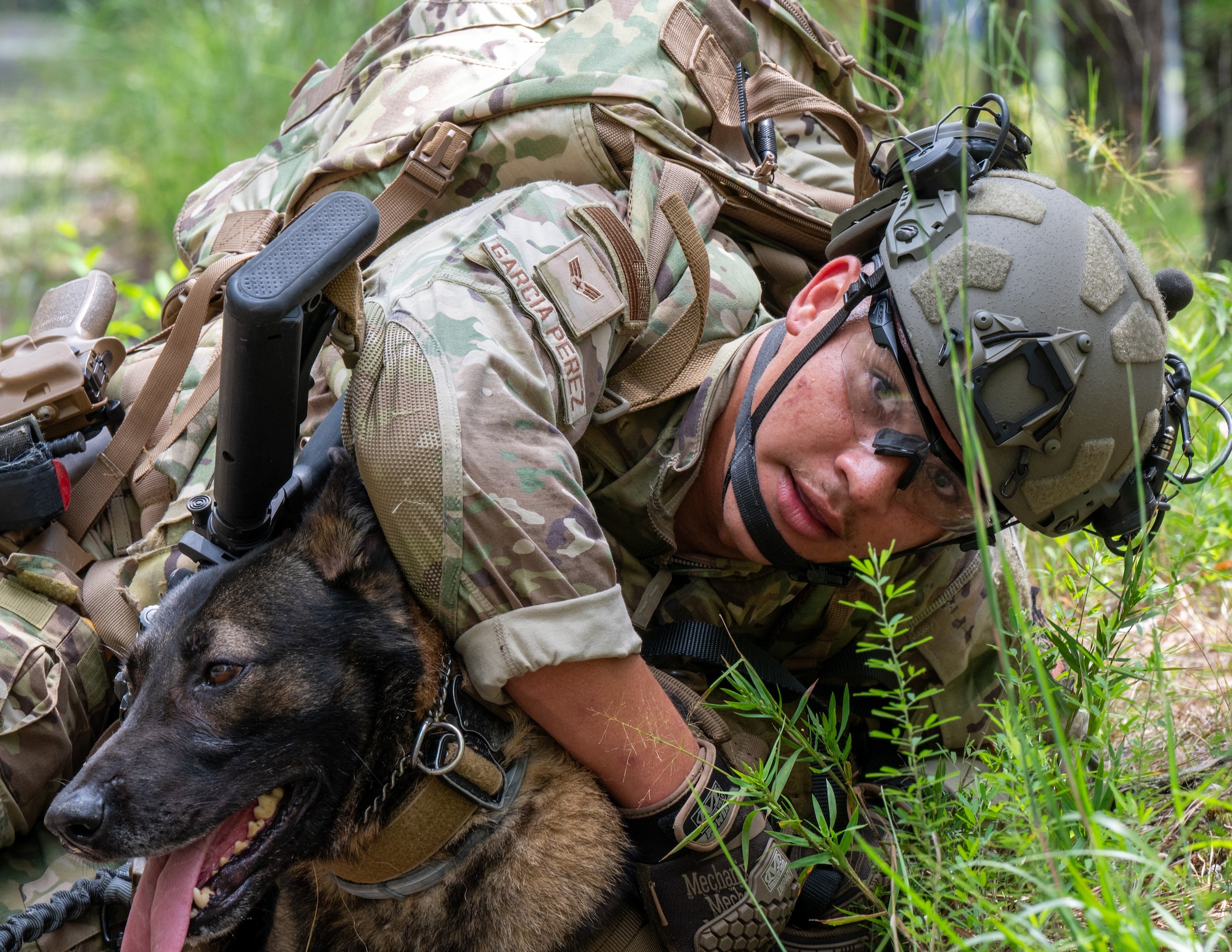 U.S. Air Force Senior Airman Sean Garcia Perez, 87th Security Forces Squadron military working dog handler, shields MWD Torro during an exercise at Joint Base McGuire-Dix-Lakehurst, N.J., Aug. 18, 2026.