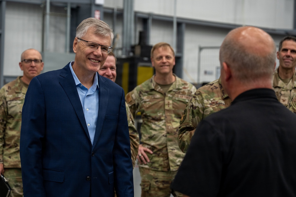 Secretary of the Air Force Troy Meink tours the National Institute for Aviation Research facility in Wichita, Kansas, Aug. 12, 2026. Secretary Meink met with aviation experts to learn more about the research and technology capabilities that help strengthen the nation’s aviation industry and support the future of airpower. (U.S. Air Force photo by Airman Daniel Obi)
