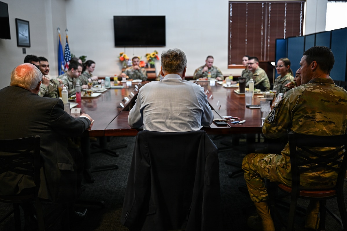 Secretary of the Air Force Troy E. Meink joins Airmen for lunch at McConnell Air Force Base, Kansas, Aug. 12, 2026. Secretary Meink led a Q&A panel for attendees to help facilitate a better understanding between enlisted personnel and appointed officials. (U.S. Air Force photo by Senior Airman Amelio Brown)