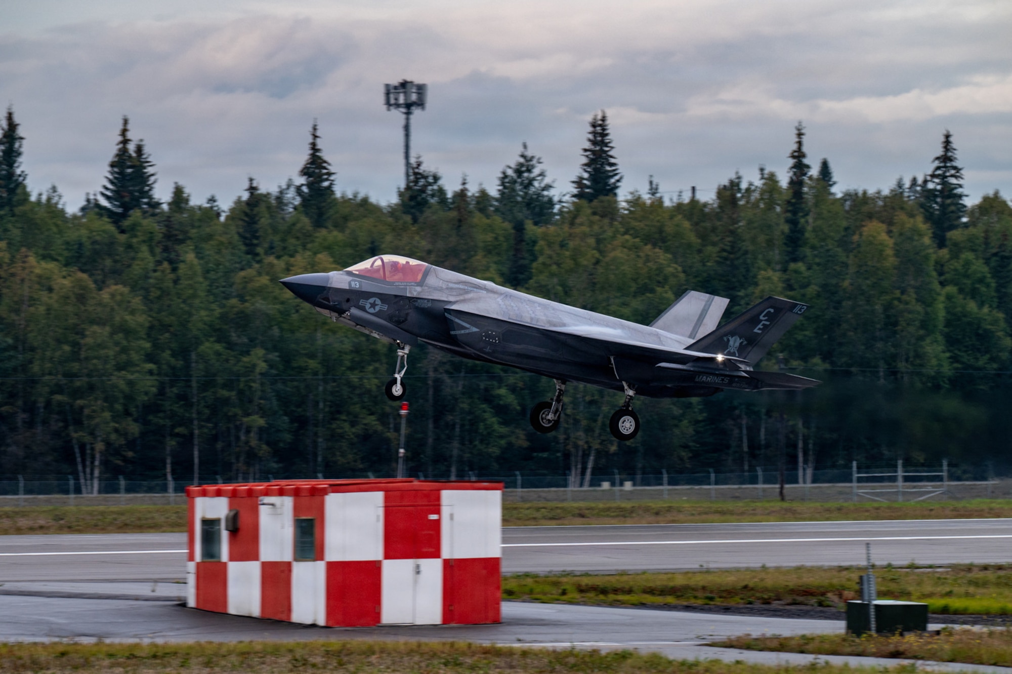 A U.S. Marine Corps F-35B Lightning II takes off from Eielson Air Force Base, Alaska, for the Joint Pacific Alaska Range Complex during RED FLAG-Alaska 26-3, Aug. 17, 2026.