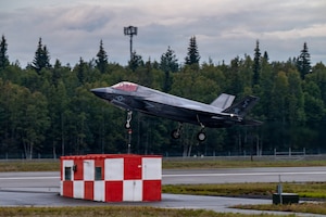 A U.S. Marine Corps F-35B Lightning II takes off from Eielson Air Force Base, Alaska, for the Joint Pacific Alaska Range Complex during RED FLAG-Alaska 26-3, Aug. 17, 2026.