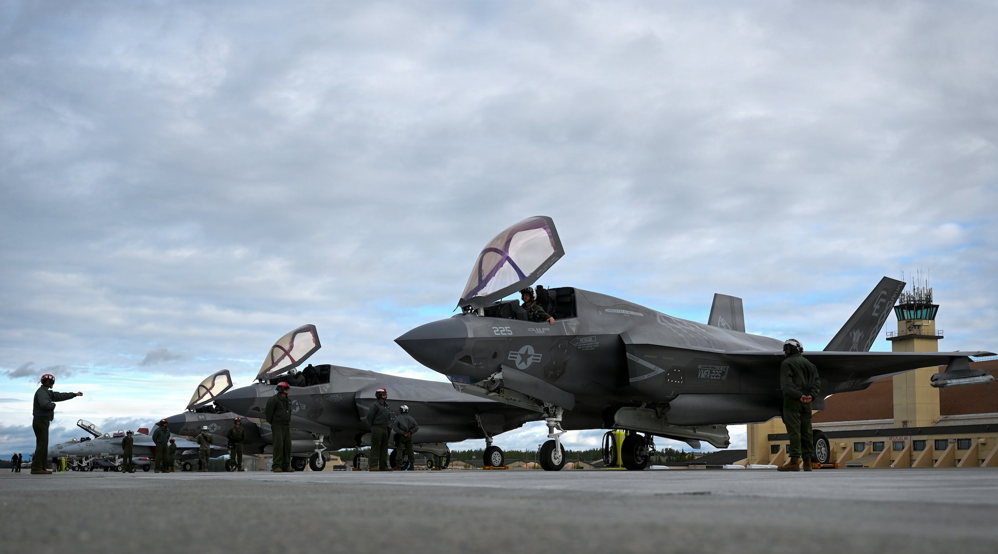 U.S. Marine Corps F-35B Lightning II aircraft prepare for flight during RED FLAG-Alaska 26-3 at Eielson Air Force Base, Alaska, Aug. 19, 2026.