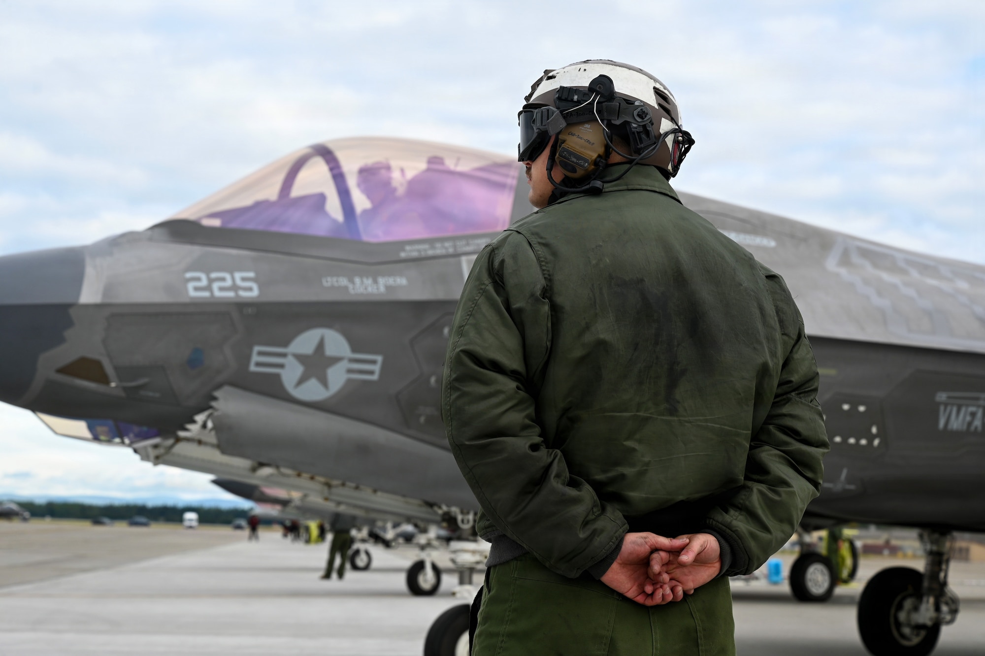 U.S. Marine Corps Sgt. Jeremy Vitro, Marine Fighter Attack Squadron 225 powerline mechanic, prepares an F-35B Lightning II for takeoff during RED FLAG-Alaska 26-3 at Eielson Air Force Base, Alaska, Aug. 19, 2026.