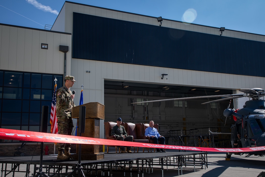 Lt. Col. Elijah McMahn, U.S. Army Corps of Engineers, Omaha District deputy commander – West, speaks at the new 37th Helicopter Squadron and 90th Missile Security Operations Squadron Tactical Response Force building ribbon cutting at F.E. Warren Air Force Base, Wyoming, Aug. 14, 2026.