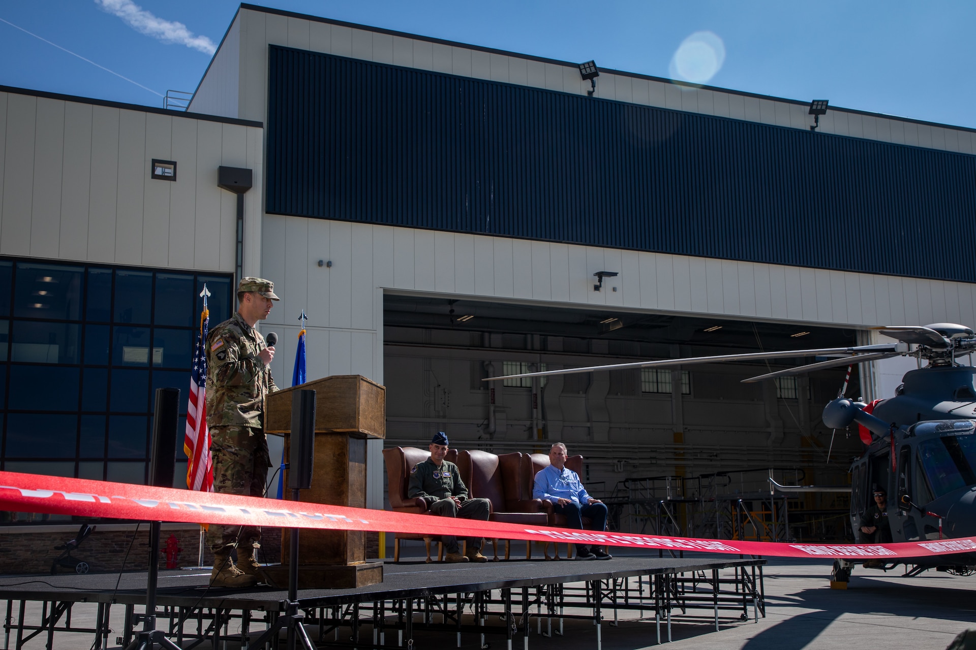 Lt. Col. Elijah McMahn, U.S. Army Corps of Engineers, Omaha District deputy commander – West, speaks at the new 37th Helicopter Squadron and 90th Missile Security Operations Squadron Tactical Response Force building ribbon cutting at F.E. Warren Air Force Base, Wyoming, Aug. 14, 2026.