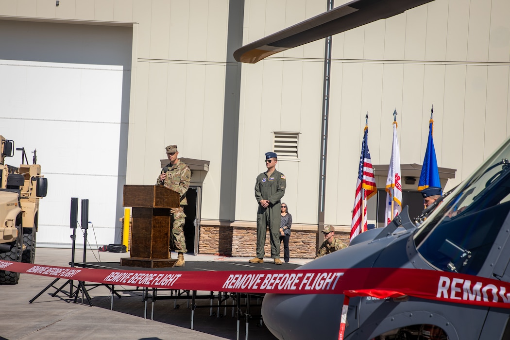 Lt. Col. Elijah McMahn, U.S. Army Corps of Engineers, Omaha District deputy commander – West, speaks at the new 37th Helicopter Squadron and 90th Missile Security Operations Squadron Tactical Response Force building ribbon cutting at F.E. Warren Air Force Base, Wyoming, Aug. 14, 2026.