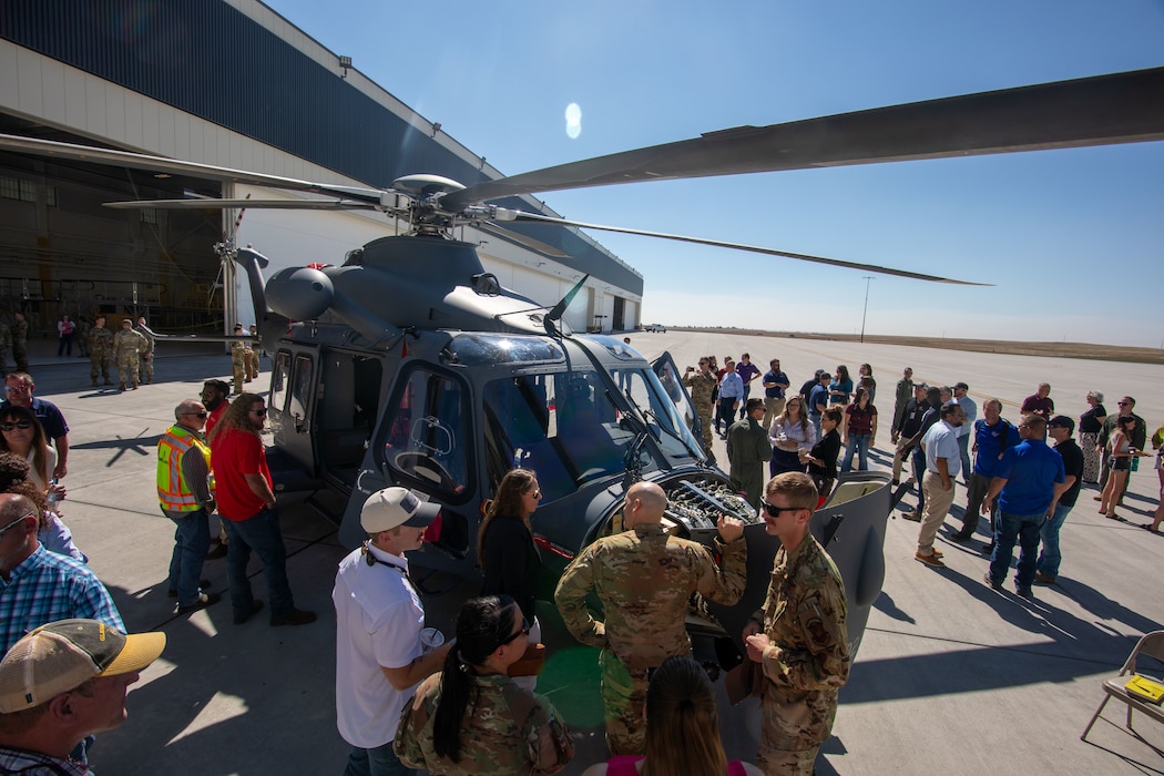 Guests inspect the new MH-139 Grey Wolf Helicopter after the ribbon cutting ceremony for the new 37th Helicopter Squadron and 90th Missile Security Operations Squadron Tactical Response Force building at F.E. Warren Air Force Base, Wyoming, Aug. 14, 2026.