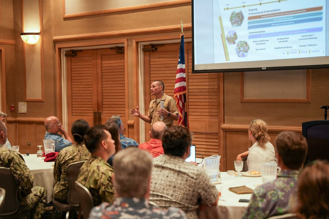 Cmdr. Benjamin Dunn, deputy for environment and remediation, Navy Closure Task Force-Red Hill (NCTF-RH), provides a progress update regarding ongoing environmental assessment at the Red Hill Bulk Fuel Storage Facility during a Society of American Military Engineers Honolulu Post luncheon in Honolulu, Aug. 12, 2026. Charged with the safe decommissioning of the Red Hill Bulk Fuel Storage Facility, NCTF-RH was established by the Department of the Navy as a commitment to the community and the environment. NCTF-RH continues to engage with the people of Hawaii, regulatory agencies, and other stakeholders as it safely and deliberately decommissions the facility. (U.S. Navy photo by Mass Communication Specialist 1st Class Glenn Slaughter)