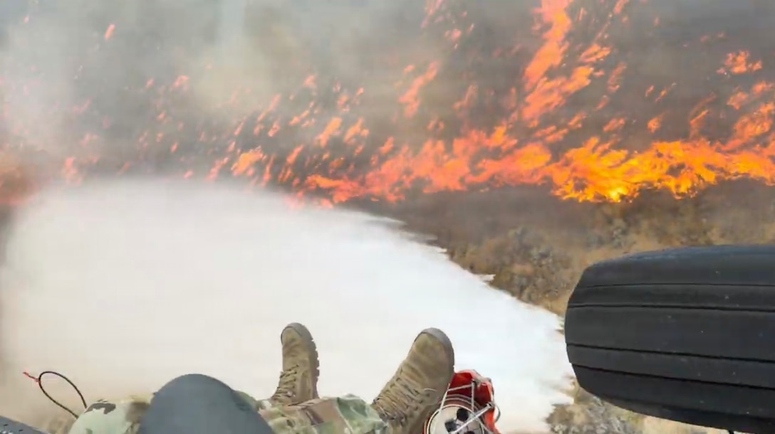 This screen grab from a video captures a water drop over the Bug Fire north of Reno Aug. 11.