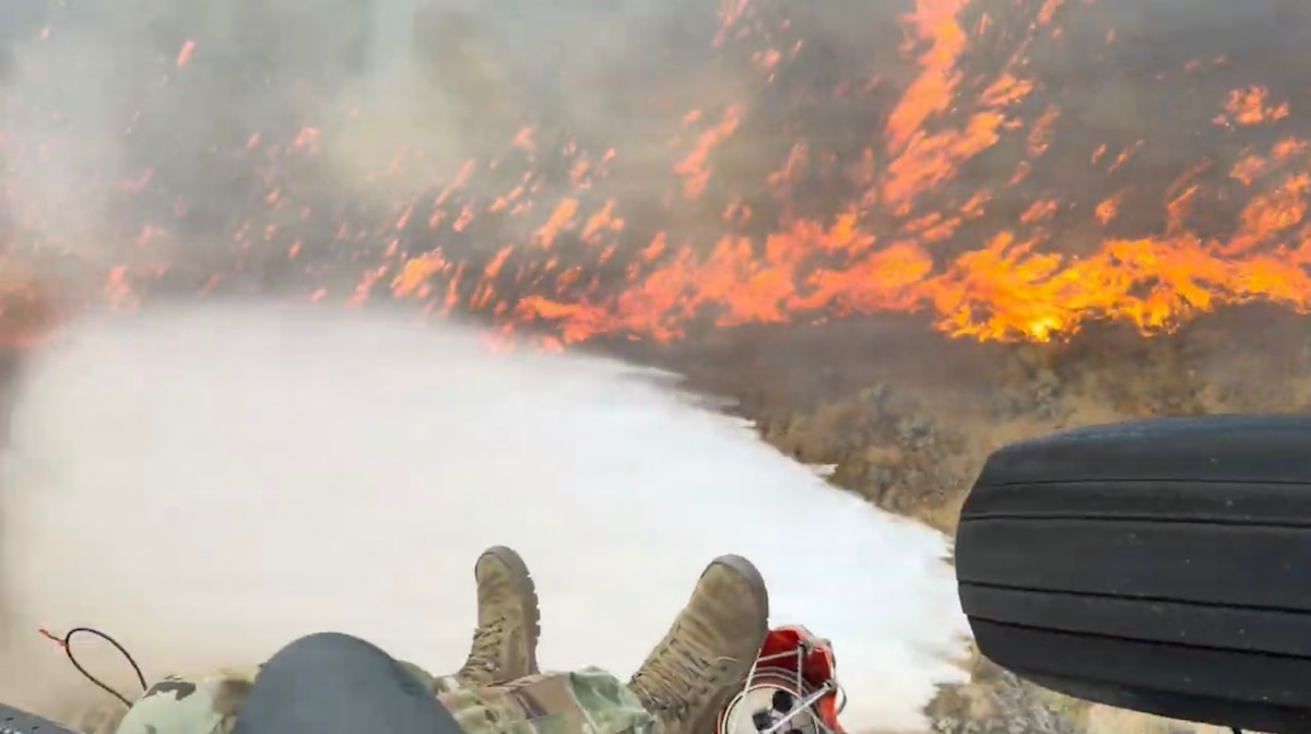 This screen grab from a video captures a water drop over the Bug Fire north of Reno Aug. 11.