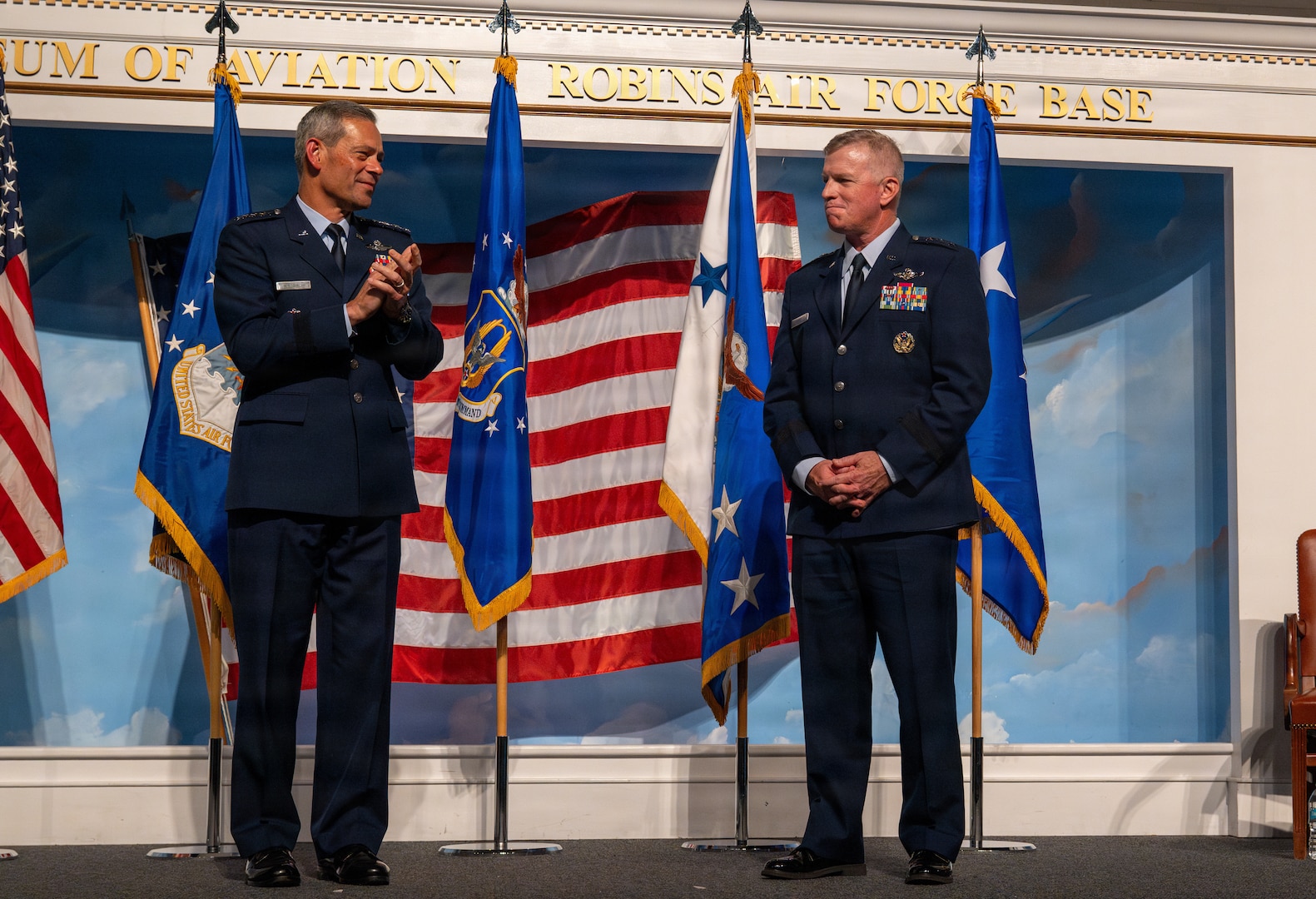 U.S. Air Force Lt. Gen. Paul Fast, chief of the Air Force Reserve Command and commander of the Air Force Reserve, receives applause
