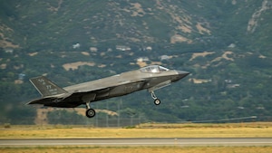 A U.S. Air Force F-35A Lightning II assigned to the 95th Fighter Squadron aircraft takes off for a sortie during Weapons System Evaluation Program-Combat Hammer 26.07 at Hill Air Force Base, Utah, Aug. 11, 2026.