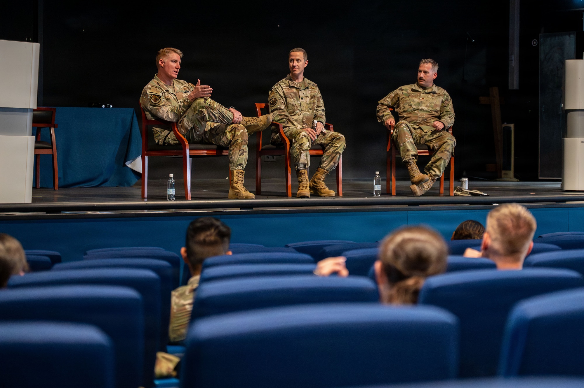 U.S. Air Force Lt. Col. Robert J. Schlagel, 721st Aerial Port Squadron commander, left, speaks to participants during the Kaiserslautern Military Community senior noncommissioned officer professional enhancement seminar at Ramstein Air Base, Germany, Aug. 17, 2026.