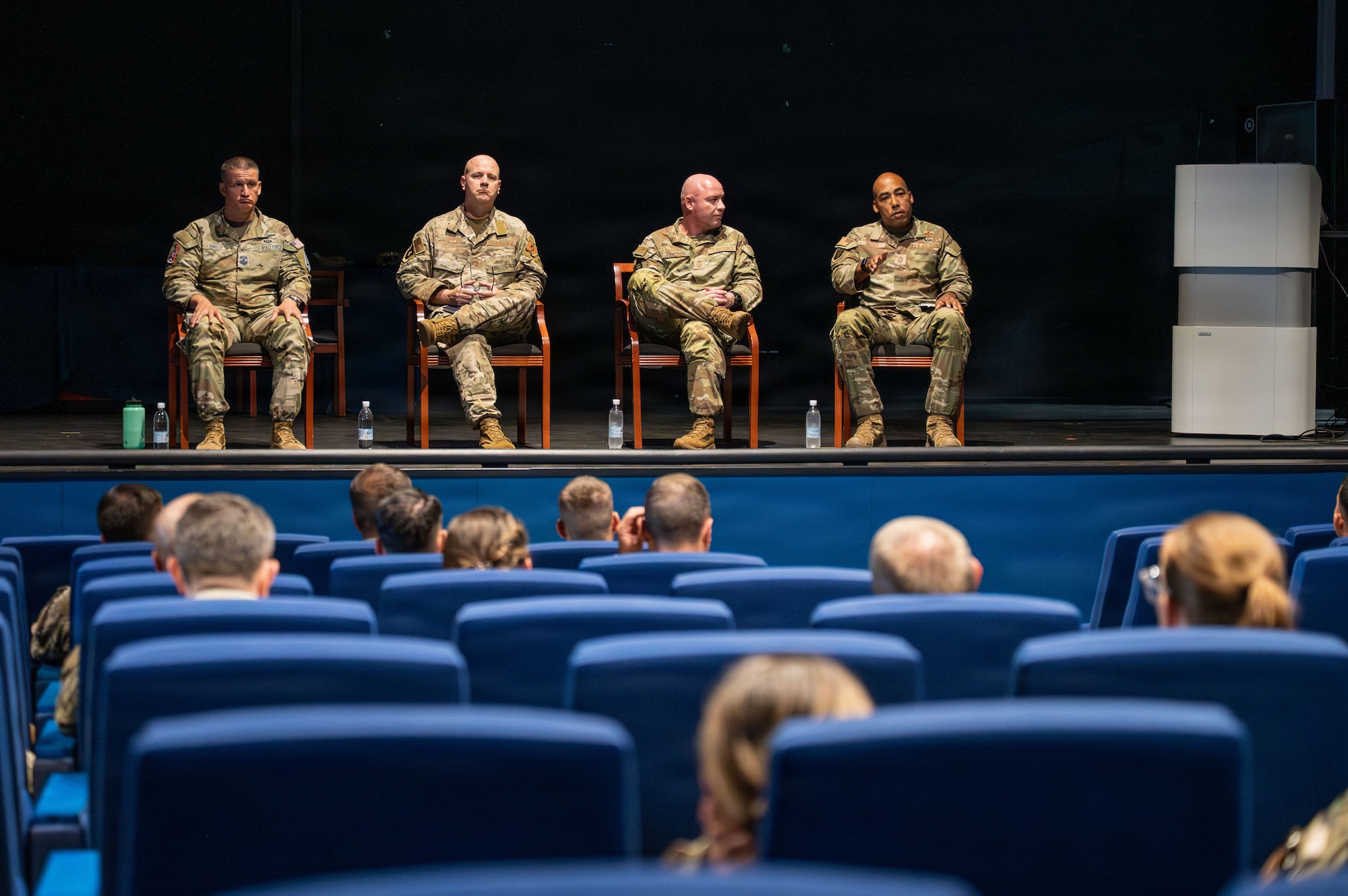 U.S. Air Force Chief Master Sgt. Christopher C. Hucks, 435th Air Ground Operations Wing command chief, far left, speaks to participants during the Kaiserslautern Military Community senior noncommissioned officer professional enhancement seminar at Ramstein Air Base, Germany, Aug. 18, 2026.