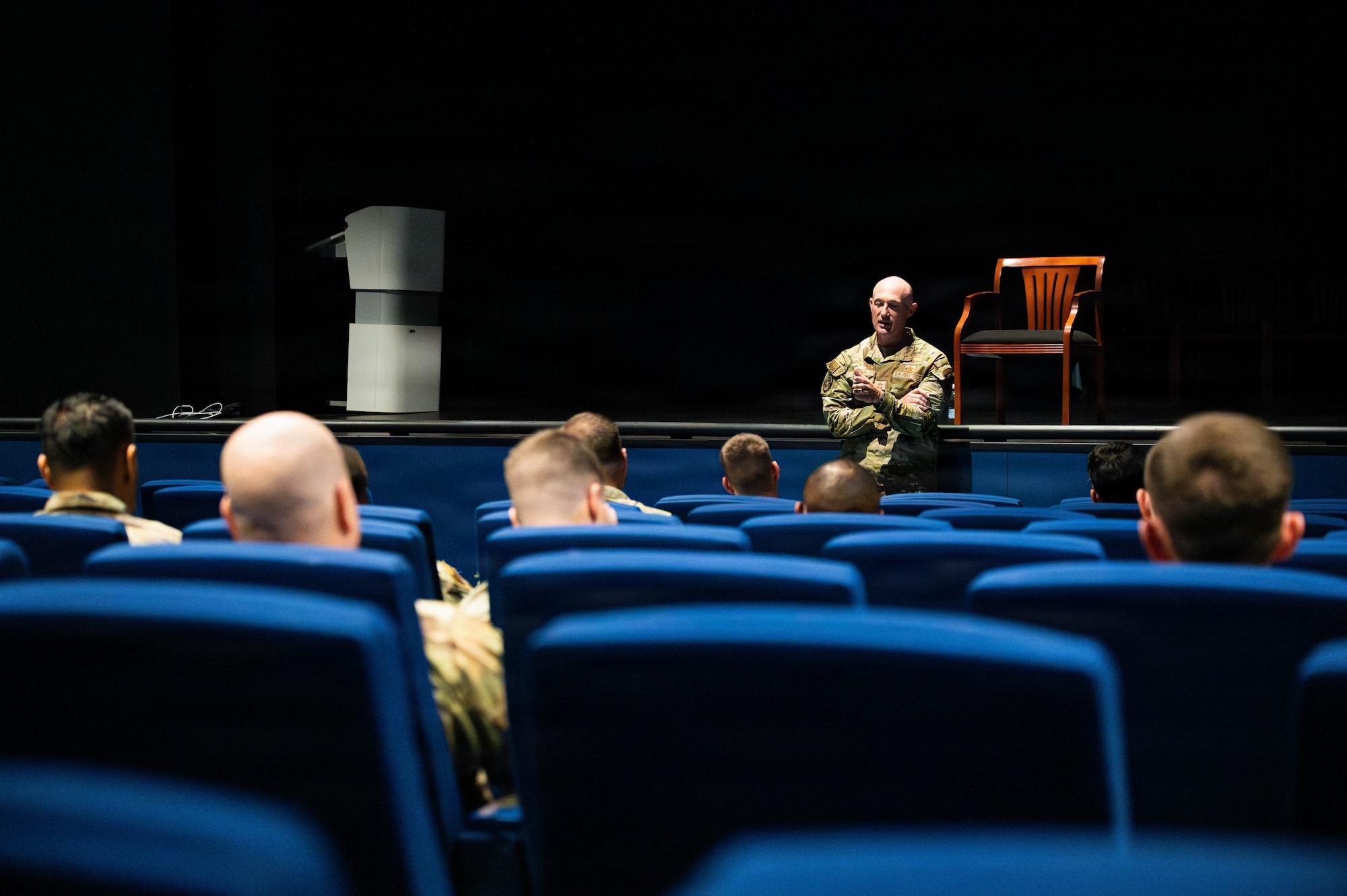 U.S. Air Force Chief Master Sgt. Stefan Blazier, Deputy Chief of Staff for Intelligence, Surveillance, Reconnaissance and Cyber Effects Operations senior enlisted leader, speaks to Noncommissioned officers from across the Kaiserslautern Military Community during the KMC Senior NCO Professional Enhancement Seminar at Ramstein Air Base, Germany, Aug. 20, 2026.