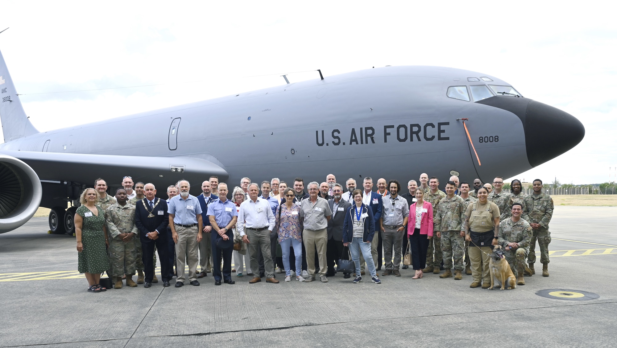 Local civic leaders and key service providers from Suffolk, Norfolk and Cambridgeshire pose for a photo during the Key Leaders Engagement Day at RAF Mildenhall, England, Aug. 20, 2026. Twenty-five guests were given first-hand insight into the base’s mission set and global impact through strategic discussions from the 100th Air Refueling Wing and 352nd Special Operations Wing commanders. (U.S. Air Force photo by Karen Abeyasekere)