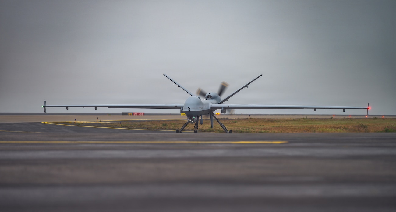 A U.S. Air Force MQ-9 Reaper drone assigned to the 147th Attack Wing, Texas Air National Guard, taxis at Keflavík Air Base, Iceland, for exercise Northern Viking 26