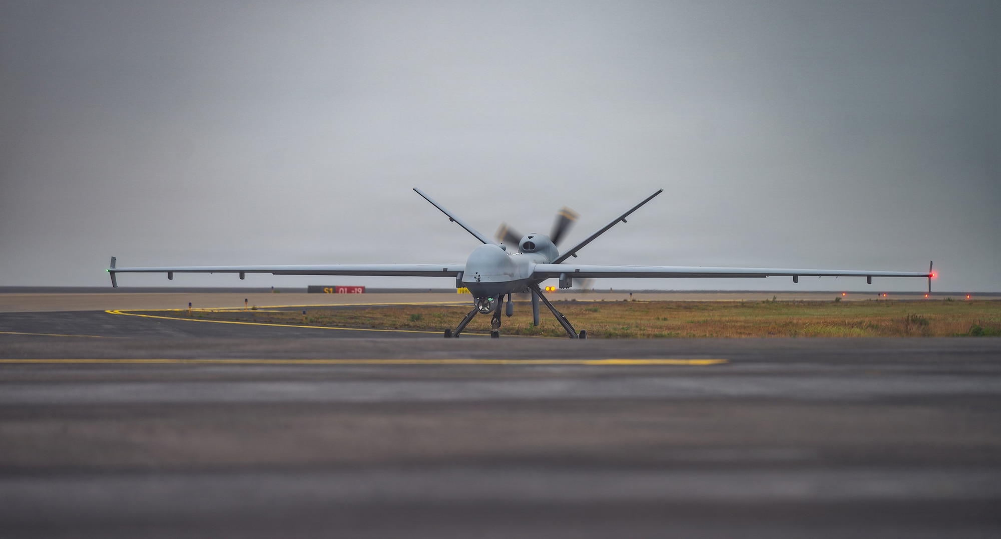 A U.S. Air Force MQ-9 Reaper drone assigned to the 147th Attack Wing, Texas Air National Guard, taxis at Keflavík Air Base, Iceland, for exercise Northern Viking 26
