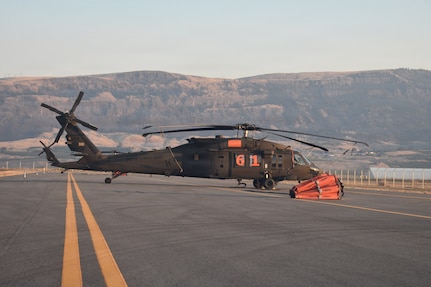 A UH-60 Black Hawk Helicopter sits outside of Army Aviation Support Facility 2 at Pangborn Memorial Airport, East Wenatchee, Wash., August 16, 2026.