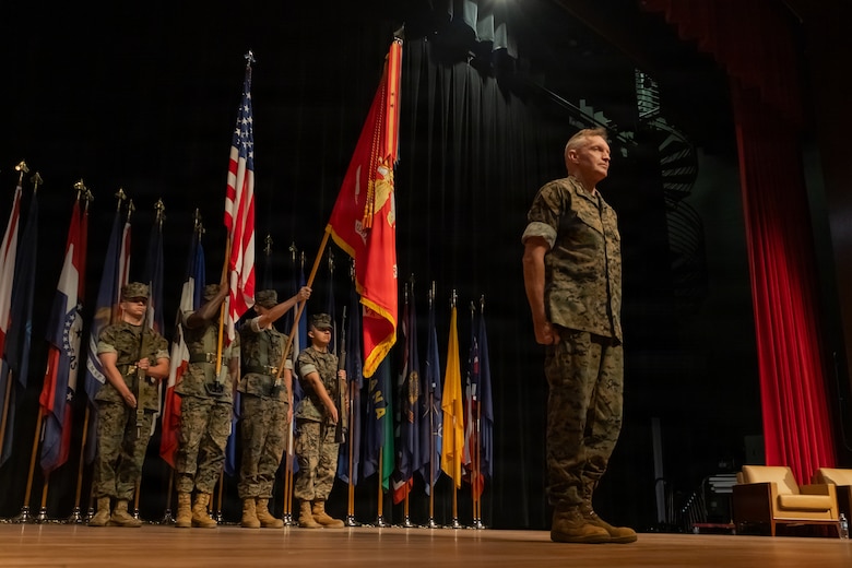 U.S. Marine Corps Lt. Gen. William J. Bowers, deputy commandant for Manpower and Reserve Affairs, assumes his position in front of the reviewing area during the Wounded Warrior Regiment change of command ceremony held at Marine Corps University’s Warner Hall on Marine Corps Base Quantico, Virginia, July 15, 2026. The ceremony signifies the transfer of command from Col. Morina D. Foster, the outgoing commanding officer of WWR, to Col. Javier A. Garcia, the incoming commanding officer, and the continuation of the unit’s mission to serve recovering service members. (U.S. Marine Corps photo by Lance Cpl. Daniel Y. Ruizdelgado)