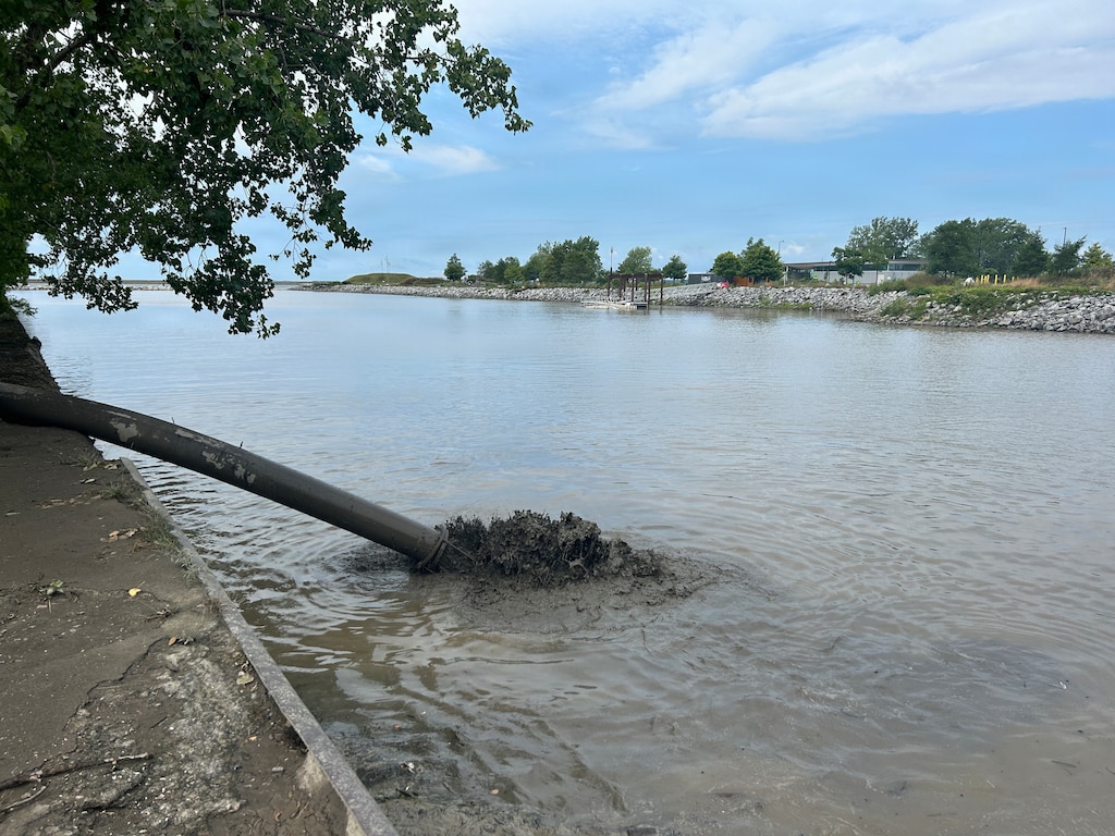 U.S. Army Corps of Engineers, Buffalo District placement of beneficially used dredged material at Slip 3 in the Outer Harbor in Buffalo, New York, Aug. 19, 2026. The dredged material is part of an approximately $2.3 million dredging project that will remove about 190,000 cubic yards of accumulated sediment from federal navigation channels, with approximately 80,000 cubic yards beneficially used at the Buffalo Outer Harbor’s Slip 3 to support future coastal wetland habitat. (U.S. Photo by Kaylee Wendt)