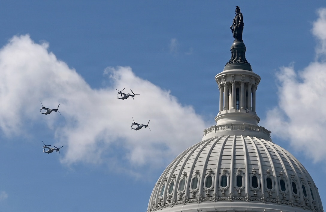U.S. Marine Corps V-22 Ospreys perform a flyover near the Capitol Building, Washington, D.C. Aug 23, 2026. The event was part of the Freedom 250 Grand Prix race being held around a portion of the National Mall. Flyovers are a time-honored way to connect with the American public—honoring the past, celebrating the present and inspiring future generations. (U.S. Air Force photo by Andy Morataya)