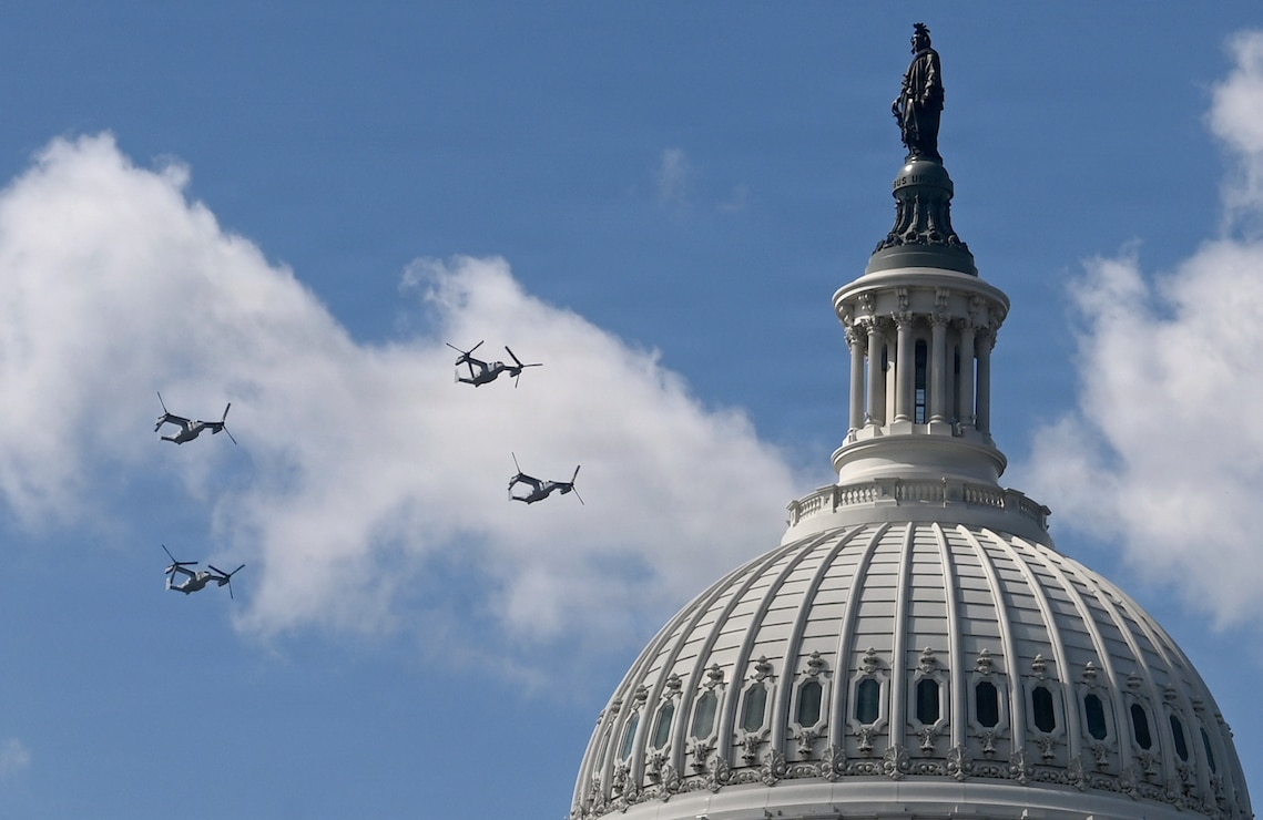 U.S. Marine Corps V-22 Ospreys perform a flyover near the Capitol Building, Washington, D.C. Aug 23, 2026. The event was part of the Freedom 250 Grand Prix race being held around a portion of the National Mall. Flyovers are a time-honored way to connect with the American public—honoring the past, celebrating the present and inspiring future generations. (U.S. Air Force photo by Andy Morataya)