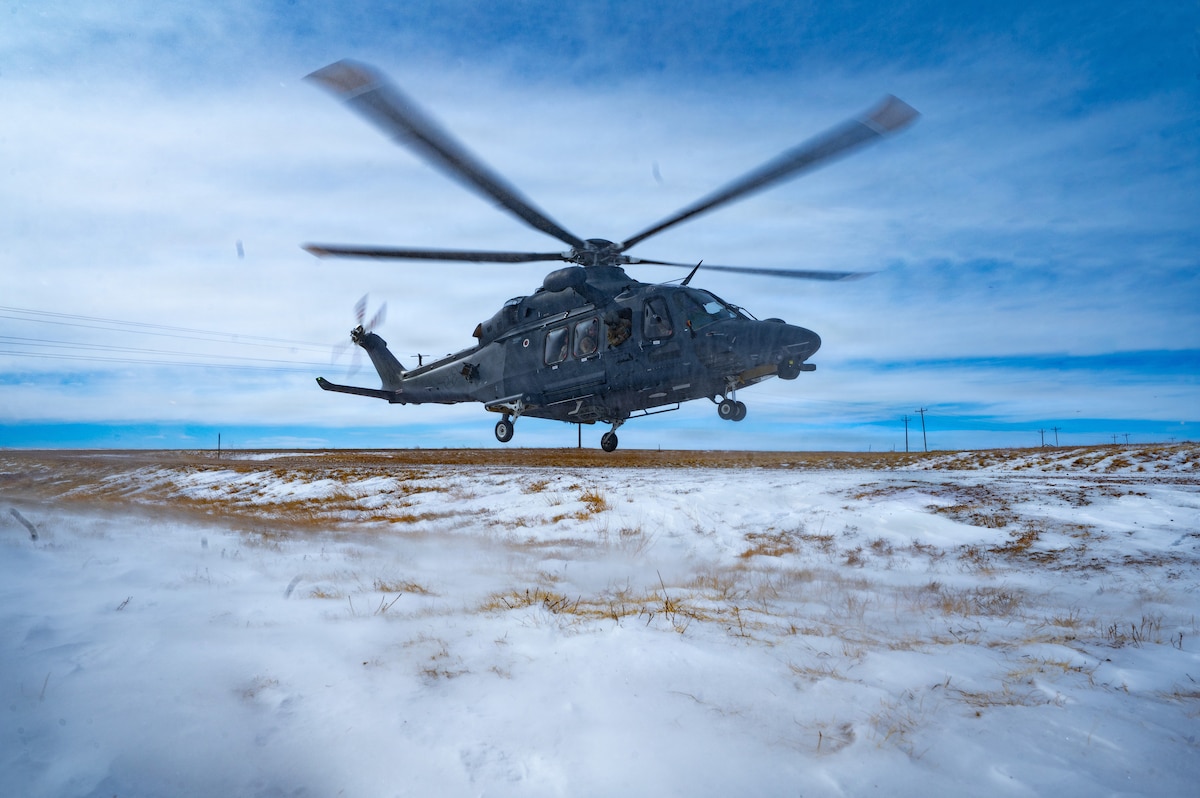 A 582nd Helicopter Group MH-139 Grey Wolf takes off near Pine Bluffs, Wyoming, Feb. 19, 2026. The 582 HG supports USSTRATCOM’s strategic deterrence mission by enabling airborne security and rapid response capabilities for missile wings across Air Force Global Strike Command. (U.S. Air Force photo by Airman 1st Class Nicholas Rowe)