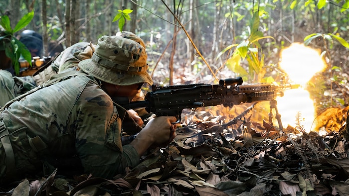 U.S. Army Reserve Soldier Spc. Henry Tiatia assigned to 100th Battalion,  442nd Regimental Combat Team, fires a M249 light machine gun during Ksatria Warrior 2026 (KW26) on Baturaja Combat Training Center, Aug. 20, 2026.