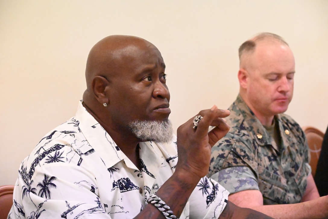 Moe Cason, celebrity pit master and U.S. Navy veteran, praises chefs at the fourth quarter fiscal year Marine Corps Installations Pacific Food Services Specialist of the Quarter competition held at Combined Arms Training Center, Camp Fuji, August 19, 2026. (U.S. Marine Corps photo by Song Jordan)