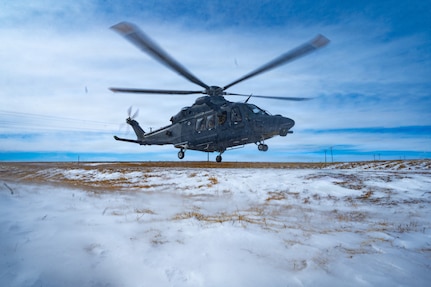 A 582nd Helicopter Group MH-139 Grey Wolf takes off near Pine Bluffs, Wyoming, Feb. 19, 2026. The 582 HG supports USSTRATCOM’s strategic deterrence mission by enabling airborne security and rapid response capabilities for missile wings across Air Force Global Strike Command. (U.S. Air Force photo by Airman 1st Class Nicholas Rowe)