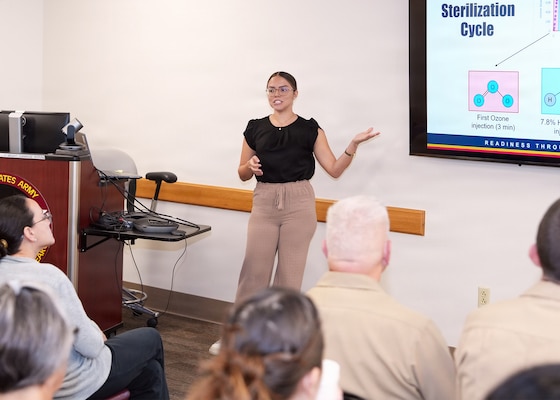 JOINT BASE SAN ANTONIO-FORT SAM HOUSTON (Aug. 11, 2026) Arleen Hidalgo Morales, of Moca, Puerto Rico, an intern assigned to Naval Medical Research Unit (NAMRU) San Antonio, presented research on the evaluation sterilization efficacy of a portable sterilization unit at reduced cycle times at the Battlefield Health and Trauma Research Institute. Hidalgo Morales, a U.S. Army first lieutenant in the Puerto Rico National Guard, earned her master’s in Bioengineering from University of Puerto Rico Mayaguez Campus. She is participating in the Office of Naval Research’s Naval Research Enterprise Internship Program (NREIP). NREIP gives academically talented college students, graduating seniors, and graduate students pursuing STEM careers the opportunity to learn about Naval research and technology while receiving first-class mentoring by top scientists and engineers. NAMRU San Antonio, part of Navy Medicine Research & Development, conducts gap-driven combat casualty care, craniofacial, and directed energy research in support of Navy, Marine Corps and joint U.S. warfighter health readiness and lethality while engaged in routine and expeditionary operations. Navy Medicine’s 44,000+ talented and ready forces optimize health readiness, deliver quality healthcare, and provide global expeditionary medical support to warfighters. (U.S. Navy Photo by Burrell Parmer/Released)