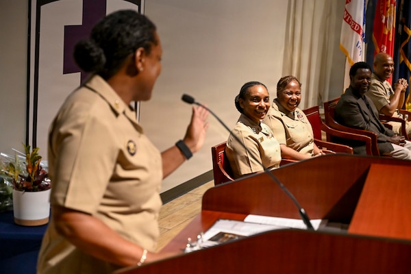 Senior Chief Culinary Specialist Sherrol G. Samuels speaks as a guest speaker at Chief Hospital Corpsman Avesta El’s retirement ceremony at Walter Reed National Military Medical Center, August 14, 2026. Navy Medicine Readiness and Training Command (NMRTC) Bethesda mission is to maximize warfighter performance through optimized medical readiness tailored to operational requirements; enhance the readiness of the medical force to sustain expeditionary medical capability; and train and develop the Navy Medicine Force. (U.S. Navy photo Mass Communication Specialist Second Class Alec Kramer)