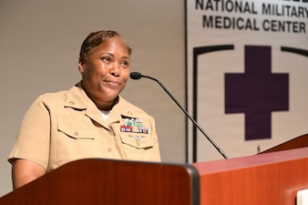 Chief Hospital Corpsman Avesta El, assigned to Navy Medicine Readiness and Training Command (NMRTC) Bethesda, speaks during her retirement ceremony at Walter Reed National Military Medical Center, June 12, 2026. NMRTC Bethesda mission is to maximize warfighter performance through optimized medical readiness tailored to operational requirements; enhance the readiness of the medical force to sustain expeditionary medical capability; and train and develop the Navy Medicine Force. (U.S. Navy photo Mass Communication Specialist Second Class Alec Kramer)