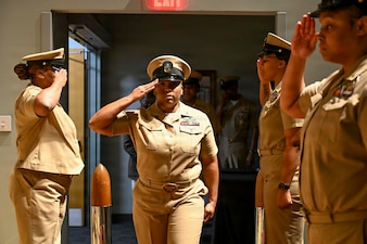 Chief Hospital Corpsman Avesta El, assigned to Navy Medicine Readiness and Training Command (NMRTC) Bethesda, arrives at her retirement ceremony at Walter Reed National Military Medical Center, August 14, 2026. NMRTC Bethesda mission is to maximize warfighter performance through optimized medical readiness tailored to operational requirements; enhance the readiness of the medical force to sustain expeditionary medical capability; and train and develop the Navy Medicine Force. (U.S. Navy photo Mass Communication Specialist Second Class Alec Kramer)