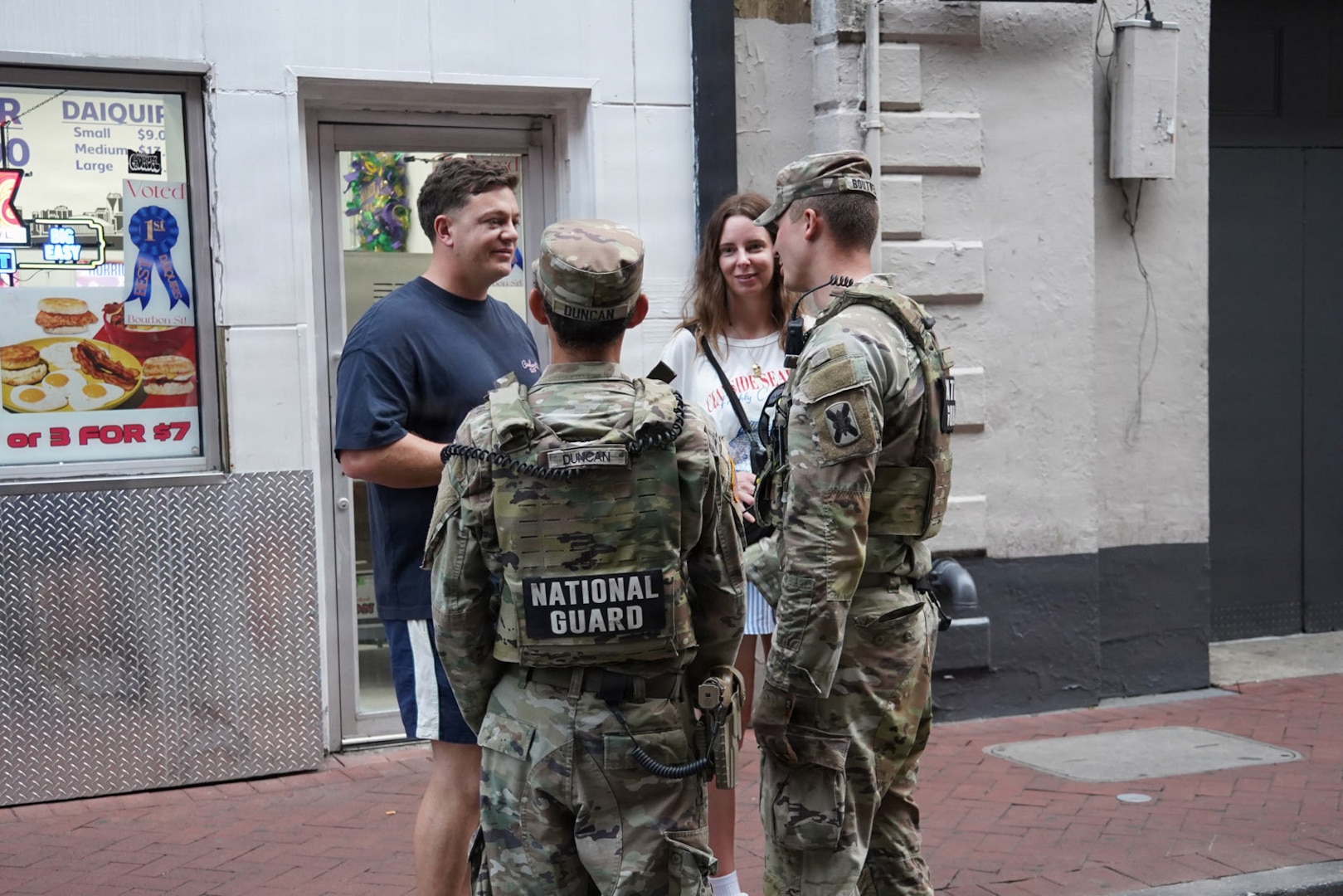 Louisiana National Guard Soldiers assigned to Task Force NOLA interact with visitors during a presence patrol in the French Quarter in New Orleans, Aug. 23, 2026.