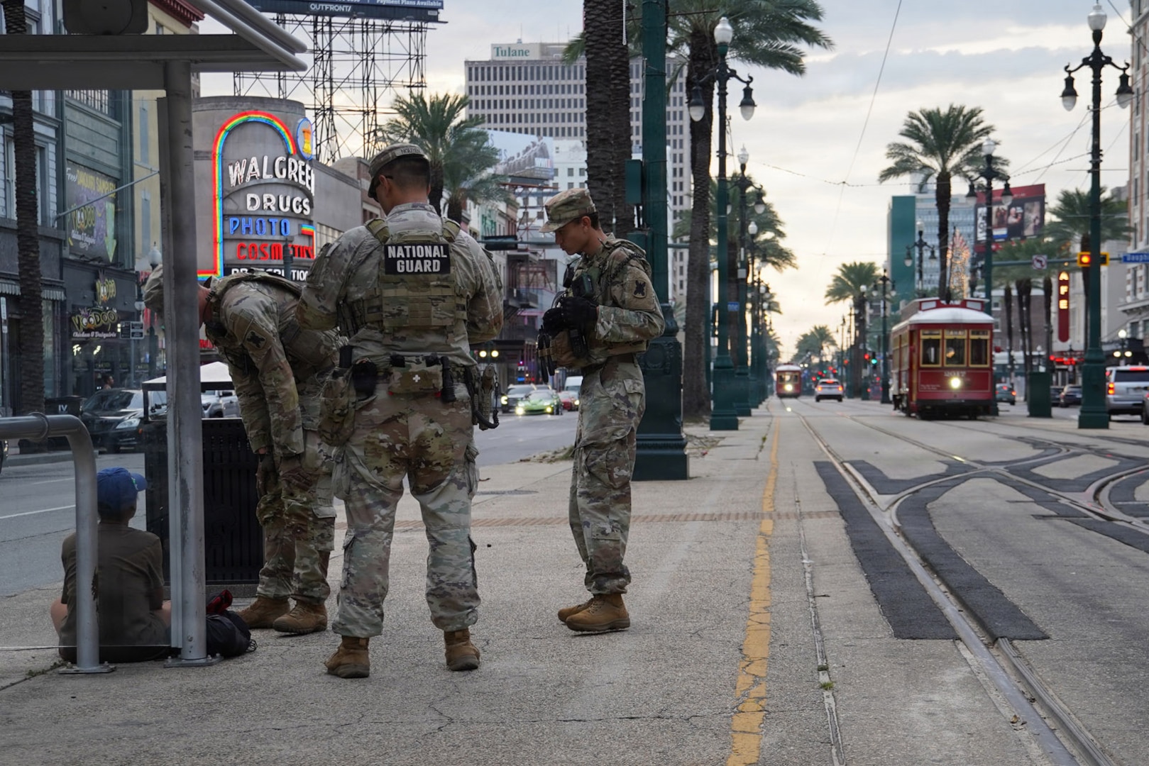 Louisiana National Guard Soldiers assigned to Task Force NOLA conduct a presence patrol along Canal Street in New Orleans, Aug. 23, 2026.