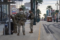 Louisiana National Guard Soldiers assigned to Task Force NOLA conduct a presence patrol along Canal Street in New Orleans, Aug. 23, 2026.