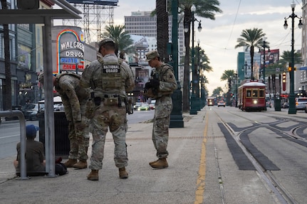 Louisiana National Guard Soldiers assigned to Task Force NOLA conduct a presence patrol along Canal Street in New Orleans, Aug. 23, 2026.